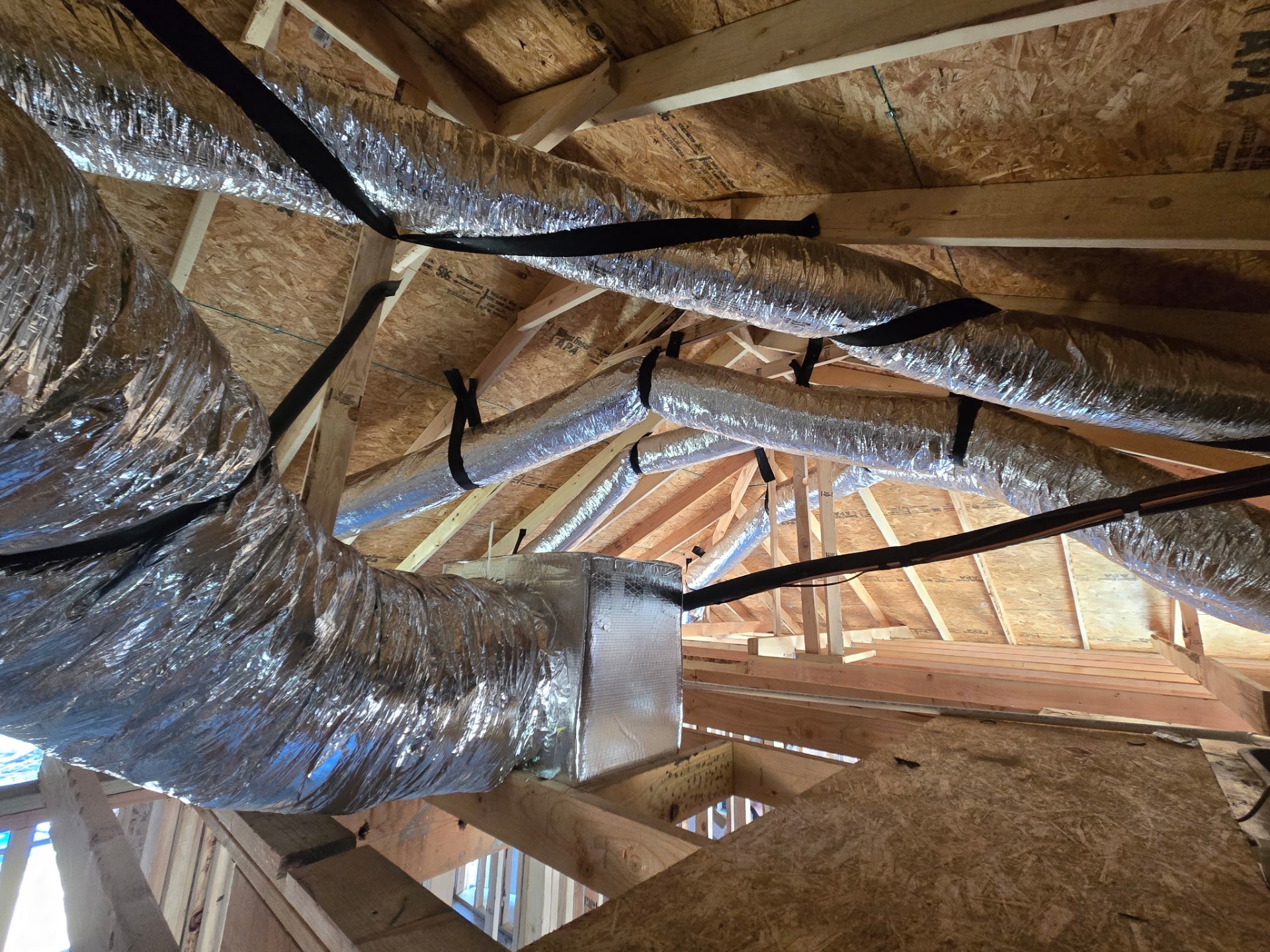 Insulated flex duct trunk and runs in residential attic